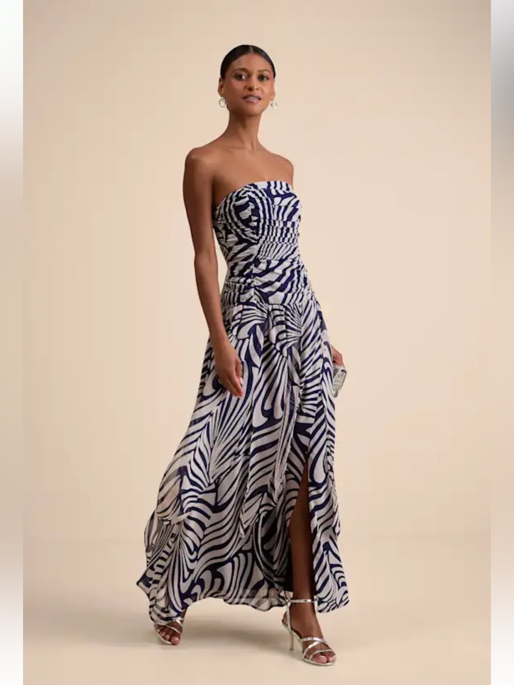 NWOT Lulus Calista Navy Print Ruched Drop Waist Maxi Dress FLAWED